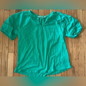 Soft Surroundings Green Short Sleeve Top Large Puffy Sleeves GUC